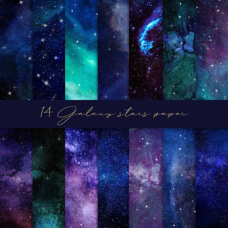 May include: A set of 14 digital papers featuring galaxy and star patterns in shades of blue, purple, and green. The papers are ideal for creating backgrounds, scrapbooking, and other creative projects.
