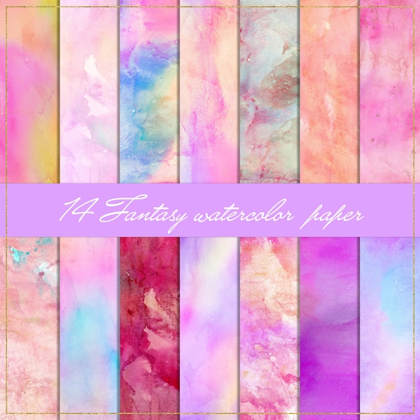 Fantasy watercolor digital paper, seamless watercolor, pink background, feminine texture, fuchsia backdrop, gradient paper, rainbow paper