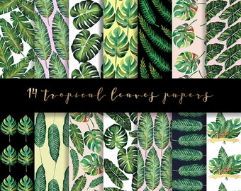 Tropical leaves digital paper, tropical paper, tropical watercolor leaves paper, tropical background, banana leaf, palm leaf paper