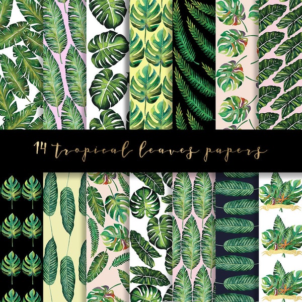 Tropical leaves digital paper, tropical paper, tropical watercolor leaves paper, tropical background, banana leaf, palm leaf paper