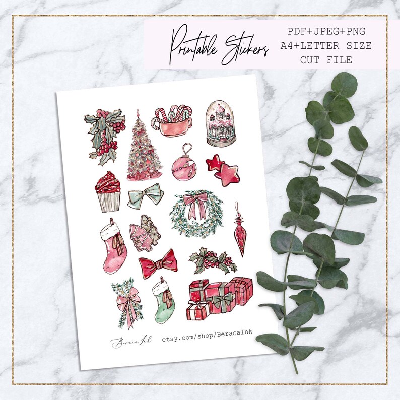 May include: Printable Christmas stickers featuring a variety of festive designs, including a Christmas tree, ornaments, presents, a stocking, a wreath, a cupcake, a bow, and a snow globe. The stickers are in a watercolor style with pink, red, and green colors.