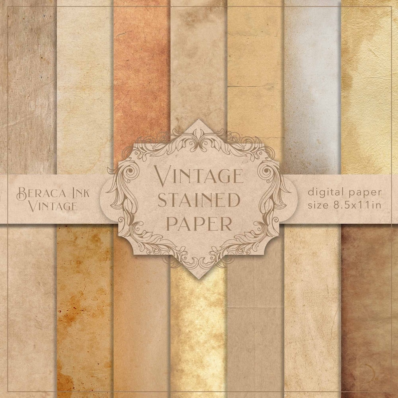 Vintage stained digital paper, antique paper, distressed texture, old wallpaper, brown background, beige backdrop, Scrapbook, junk journal, image 1