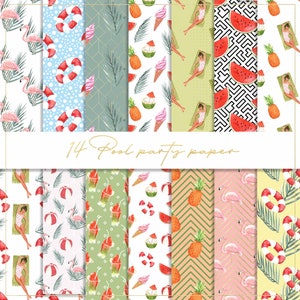 Pool-Party digitales Papier, nahtloses Muster, Flamingo-Papier, Strandhintergrund, Sommermädchen, Wassermelonenpapier, Ananas, Eiscremehintergrund