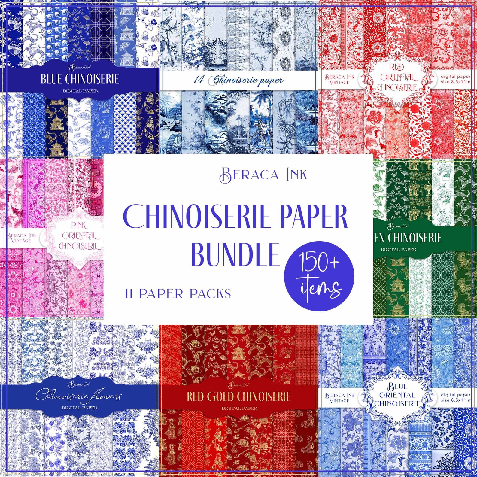 Chinoiserie Digital Paper, Old Chinese Wallpaper, Blue Ceramic Paper ...