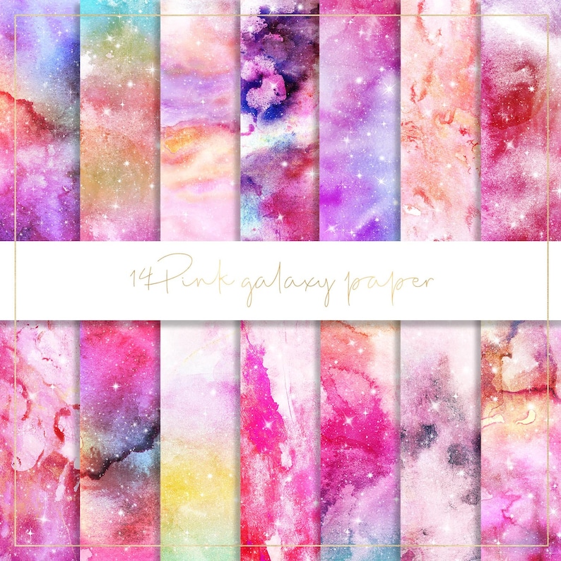 May include: A set of 14 digital papers featuring pink and purple galaxy designs with sparkling stars. The papers are perfect for scrapbooking, card making, and other creative projects.