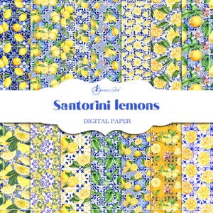 Papier numérique citron de Santorin, motif transparent, papier citronné, citrons aquarelles, fond d'été, carreaux d'azulejos, motif de surface en tissu