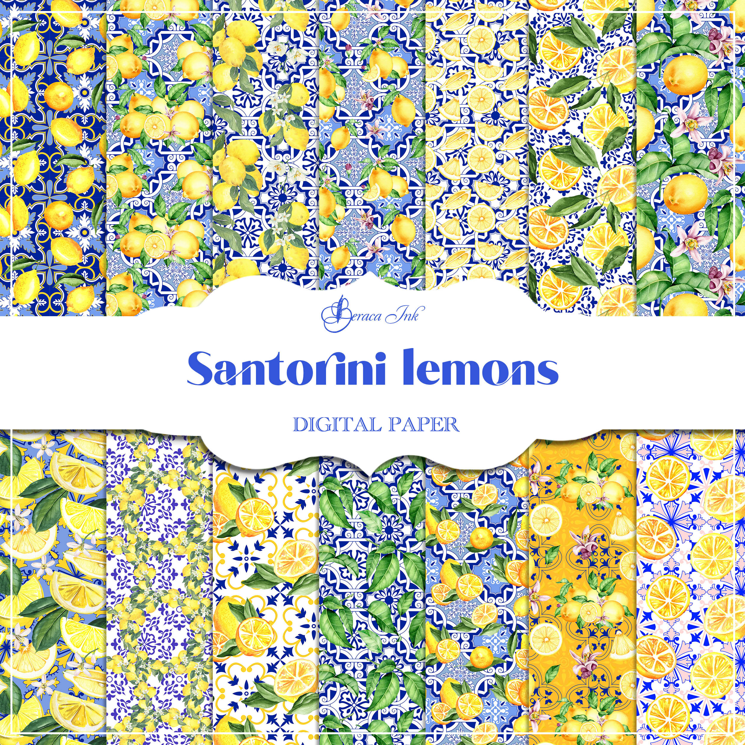 サントリーニ島のレモンのデジタルペーパー、シームレスなパターン