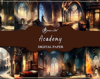 Könnte beinhalten: Digitales Papierpaket mit 10 Bildern einer Fantasy-Akademie. Die Bilder zeigen verschiedene Räume und Gänge mit Steinwänden, gewölbten Durchgängen und Buntglasfenstern. Die Bilder sind in einem dunklen, stimmungsvollen Stil mit warmem Licht gehalten.