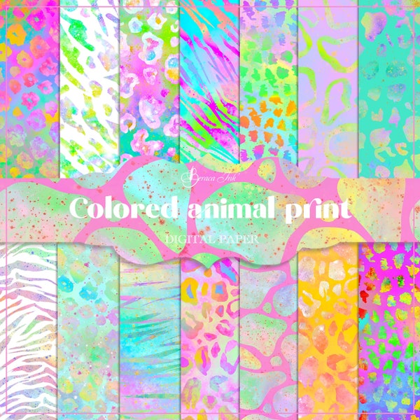 Colored animal print digital paper, seamless pattern, tiger stripes, leopard spots, rainbow paper, pastel background, fabric design