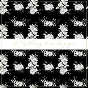 May include: Black and white seamless pattern featuring a repeating design of floral bouquets. The pattern is perfect for wedding invitations, stationery, and other paper goods. The text "14 Wedding bouquets paper" is included in the image.