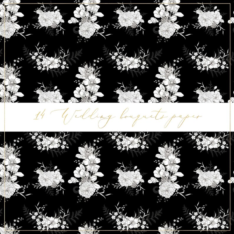 May include: Black and white seamless pattern featuring a repeating design of floral bouquets. The pattern is perfect for wedding invitations, stationery, and other paper goods. The text "14 Wedding bouquets paper" is included in the image.