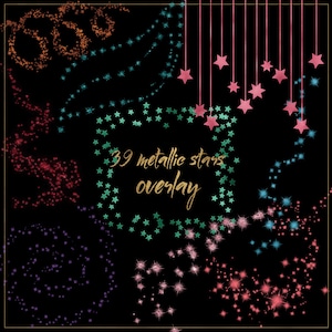 Metallic sterren clipart, steroverlay, metallic glittersterren, sterrenhemel, roze foliesterren, hemelse clipart, gouden sterrenrand