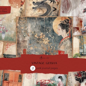 Vintage geisha-dagboekpagina's, geisha-junkdagboek, Japans digitaal papier, orienta; collagevel, Aziatisch plakboek, Aziatisch pogodapapier