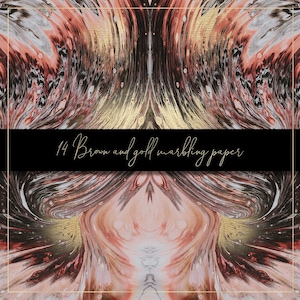Pode incluir: Design de papel marmorizado abstrato com padr&otilde;es em espiral em tons de marrom, dourado e rosa. O texto "14 Brown and gold marbling paper" &eacute; exibido na parte inferior da imagem.