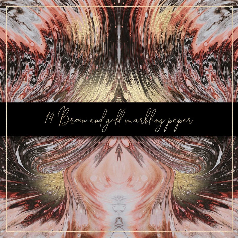 Pode incluir: Design de papel marmorizado abstrato com padr&otilde;es em espiral em tons de marrom, dourado e rosa. O texto "14 Brown and gold marbling paper" &eacute; exibido na parte inferior da imagem.