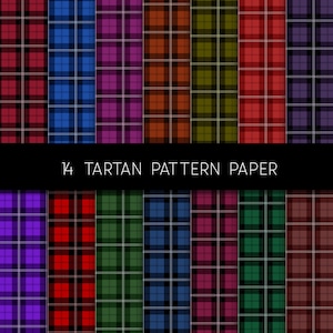 May include: A set of 14 digital paper patterns featuring various tartan designs in different colors, including red, blue, green, purple, and black.