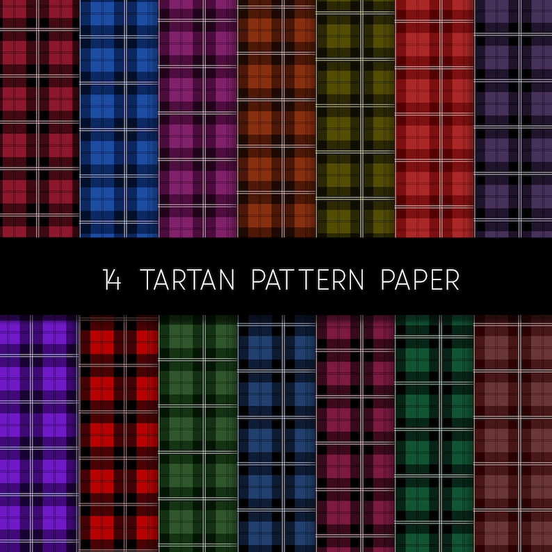 May include: A set of 14 digital paper patterns featuring various tartan designs in different colors, including red, blue, green, purple, and black.