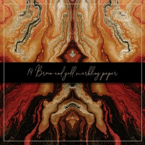 Pode incluir: Papel digital marmorizado abstrato com padr&otilde;es de redemoinho marrom, dourado e preto. O texto "14 Brown and gold marbling paper" est&aacute; na parte superior da imagem.