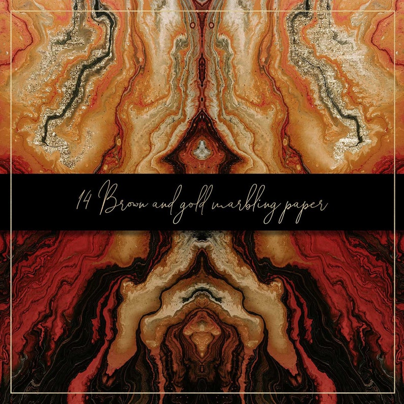 Pode incluir: Papel digital marmorizado abstrato com padr&otilde;es de redemoinho marrom, dourado e preto. O texto "14 Brown and gold marbling paper" est&aacute; na parte superior da imagem.