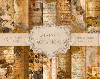 May include: A digital paper pack with 12 vintage botanical illustrations. The papers feature a variety of floral designs, including roses, leaves, and vines. The papers are in shades of brown, beige, and cream. The text "Stained Botanicals" is featured in a decorative frame.
