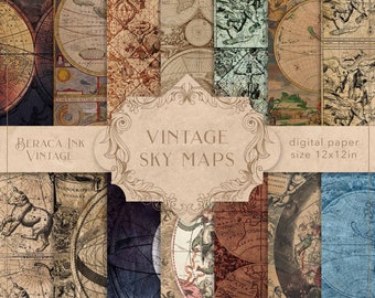 Vintage sky maps digital paper, antique maps, junk journal paper, ephemera astrology, old travel maps, scrapbook paper, astronomy map paper