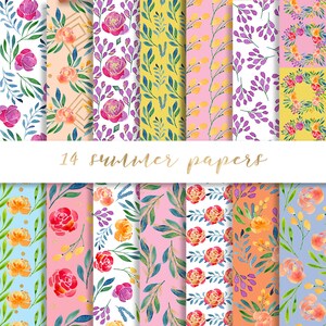 May include: A set of 14 digital papers featuring watercolor floral patterns in shades of pink, yellow, blue, and purple. The papers are perfect for scrapbooking, card making, and other crafting projects.