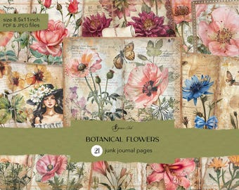 Blumen Journal Seiten, Vintage Blumen Junk Journal, Wildblumen digitales Journal, shabby chic Blumen, Vintage Rose Scrapbook