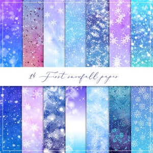Könnte beinhalten: Eine Sammlung von 14 digitalen Papieren mit Winterthema. Die Papiere zeigen verschiedene Blau-, Lila- und Weißtöne mit Schneeflocken- und Glitzerdesigns. Der Text "14 First snowfall paper" ist kursiv geschrieben.