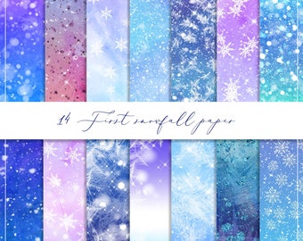 Può includere: Una collezione di 14 carte digitali a tema invernale. Le carte presentano varie tonalità di blu, viola e bianco, con disegni di fiocchi di neve e glitter. Il testo "14 First snowfall paper" è scritto in corsivo.