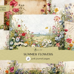 Páginas de diário de flores de verão, folha de flores silvestres para impressão, álbum de recortes vintage, jardim de primavera, prado caprichoso, livro de memórias para amantes da natureza