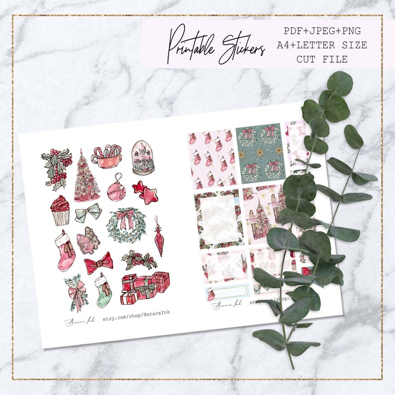 May include: Printable Christmas stickers featuring a variety of festive designs, including a Christmas tree, ornaments, presents, and a snow globe. The stickers are in a watercolor style with red, green, and white colors. The image also includes the text "Printable Stickers" and "A4+LETTER SIZE CUT FILE".