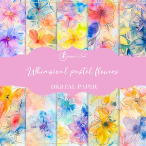 Pastell Blumen digitales Papier, florales nahtloses Muster, Prinzessin Tapete, Fantasy-Hintergrund, lila Rapportpapier, gelber Sommer