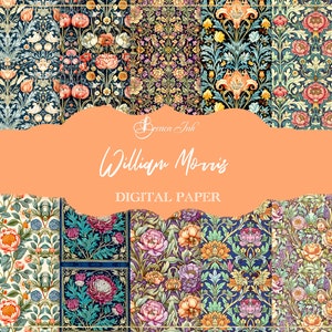 May include: A collection of digital papers featuring floral patterns in the style of William Morris. The designs showcase intricate blooms in shades of orange, pink, and teal against dark backgrounds. The text "William Morris DIGITAL PAPER" is displayed.