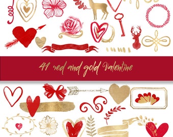 Red and gold hearts clipart, valentines day clipart, watercolour heart clip art, valentine hearts, gold watercolor shapes