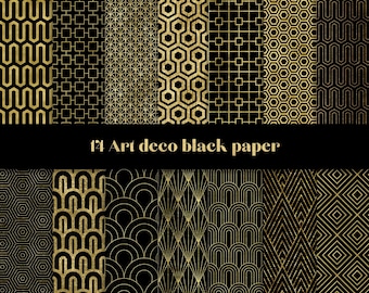 May include: A set of 12 digital papers featuring black and gold geometric patterns in an Art Deco style. The patterns include repeating geometric shapes, lines, and curves.