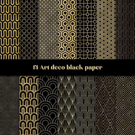 Art deco black digital paper, seamless paper, gold art deco, gold pattern paper, geometric backdrop, gold wedding invite, retro background