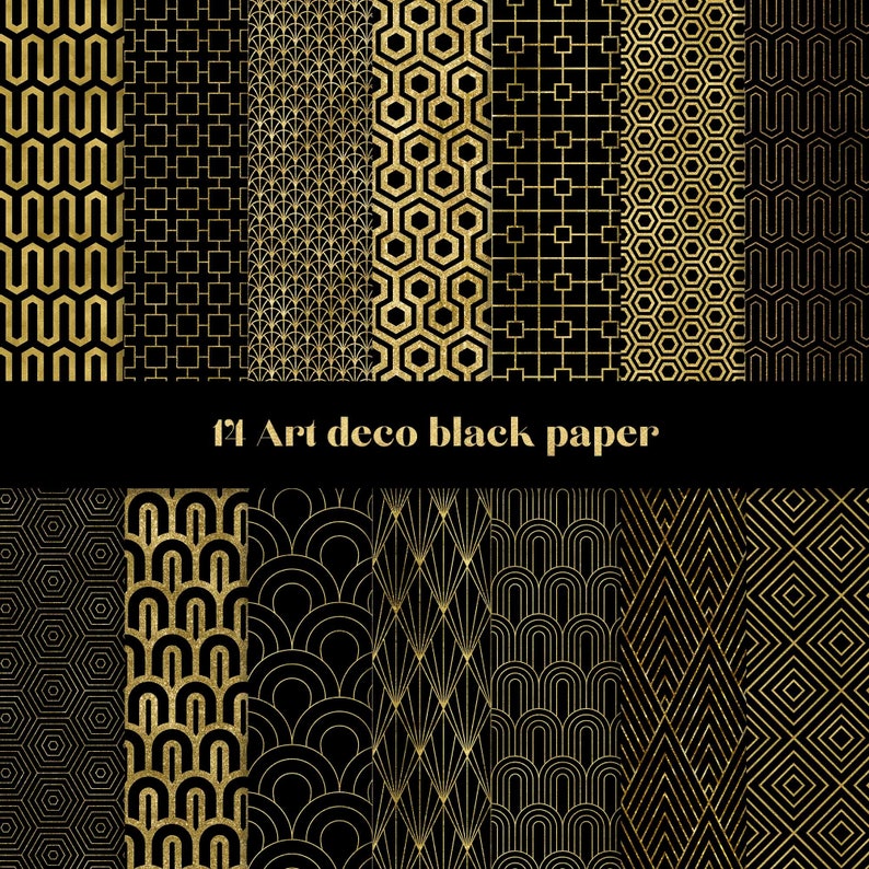 May include: A set of 12 digital papers featuring black and gold geometric patterns in an Art Deco style. The patterns include repeating geometric shapes, lines, and curves.