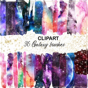 May include: A collection of 36 galaxy brushes in various colors, including blue, purple, pink, and orange. The image features watercolor brush strokes with celestial and starry designs. The word "CLIPART" and "36 Galaxy brushes" are written in the image.