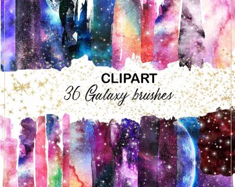 Galaxy watercolor brushes CLIPART, PNG brush strokes, stars clip art, watercolor texture, galaxy clipart, logo png, gold stars overlay