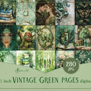 Vintage green junk journal pages bundle, green digital paper, shabby chic scrapbook, pink roses journal, princess background