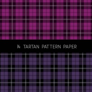 May include: Two seamless plaid patterns in purple and black with white lines. The text "14 Tartan Pattern Paper" is displayed in the center of the image.