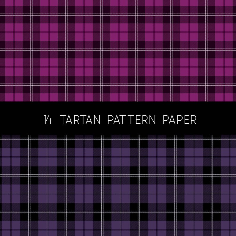 May include: Two seamless plaid patterns in purple and black with white lines. The text "14 Tartan Pattern Paper" is displayed in the center of the image.