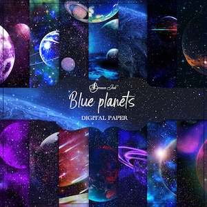 May include: A digital paper pack featuring 12 different designs of blue planets in a dark space background with stars. The designs include planets with rings, comets, and galaxies. The text "Blue Planets Digital Paper" is displayed in the center of the image.