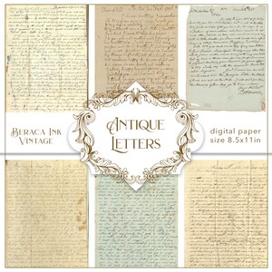 May include: A digital paper pack featuring six antique letters with handwritten text. The letters are on aged paper with brown edges and are in various styles of handwriting. The paper pack is 8.5 inches by 11 inches.