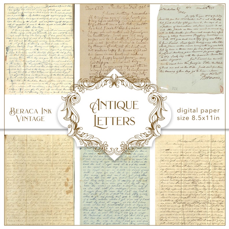 May include: A digital paper pack featuring six antique letters with handwritten text. The letters are on aged paper with brown edges and are in various styles of handwriting. The paper pack is 8.5 inches by 11 inches.