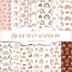 Papel digital arco-íris Boho, padrão sem costura arco-íris, fundo boho, papel lunar celestial, papel étnico, padrão de superfície de tecido