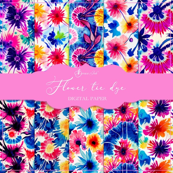 Flower tie dye digital paper, seamless pattern, colorful background, tie dye fabric design, neon floral scrapbook, rainbow backdrop
