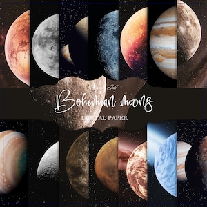 Bohemian moons digital paper, galaxy backdrop, space paper, boho background, brown planets, nebula wallpaper, Saturn, Jupiter, moon paper