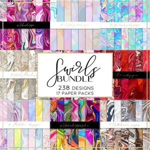 Puede incluir: Un paquete de papel digital con 238 diseños en 17 paquetes de patrones de remolinos coloridos. Los diseños incluyen colores rosa, azul, amarillo, rojo y neutros.