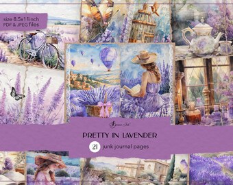 Pretty in lavendel-rommeldagboekpagina's, paars shabby chic junk-dagboek, afdrukbaar lavendelpapier, vintage lavendel plakboek, lavendelveld